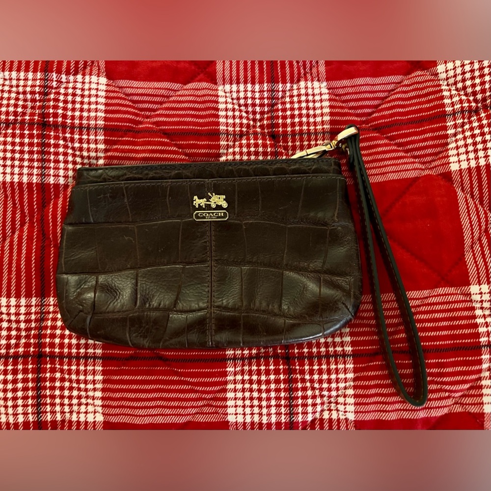 Coach Dark Brown Croc-Embossed Vintage Wristlet/Pouch.